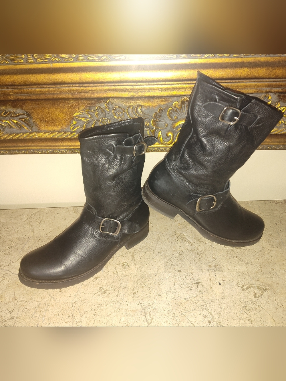 Frye Veronica Flex Short Classic Black Leather Mid-Calf Buckle Boots for Women